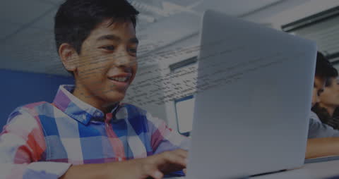 Smiling Teenager Using Laptop with Digital Code Overlay