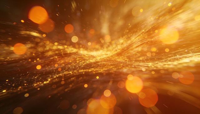 Flowing golden particle wave curving across abstract glowing bokeh background