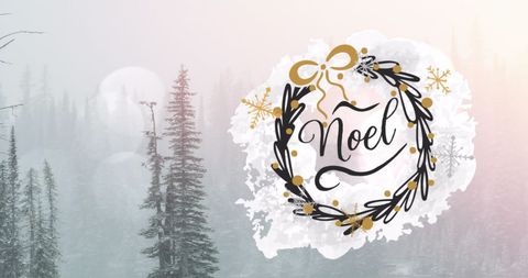 Festive noel calligraphy over winter pines