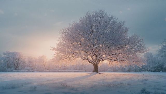 Frost-coated tree in snowy field at sunrise