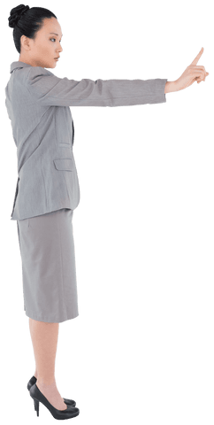 Focused asian businesswoman pointing finger in transparent background