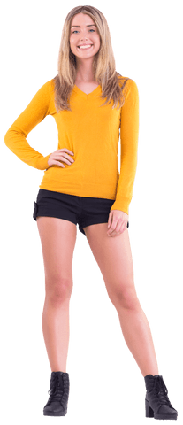Stylish Smiling Woman in Transparent Background Vibrant Yellow Top