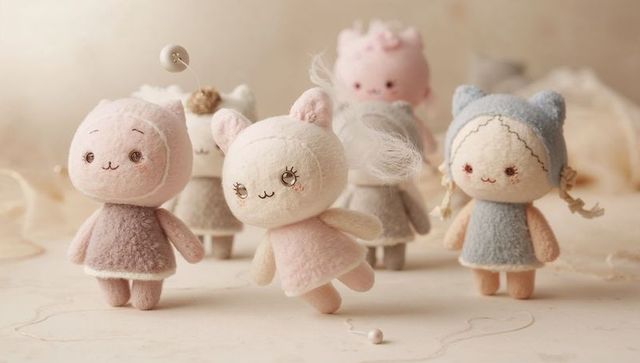 Tilting cream plush pink dress among pastel felt dolls handcrafted miniature collectibles