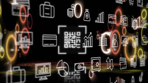 Futuristic Technology Icons with QR Code Overlay