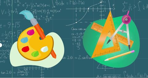 Artistic Palette and Geometric Tools Over Mathematical Background - Download Free Stock Images Pikwizard.com