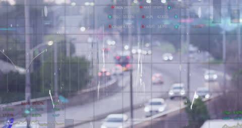 Data Processing Animation Over Busy Urban Roadway Scene