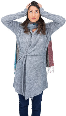 Worried woman in winter clothing transparent background