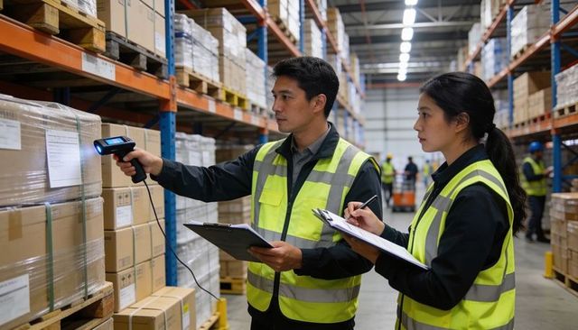 Asian warehouse team scanning inventory and recording data in logistics distribution center