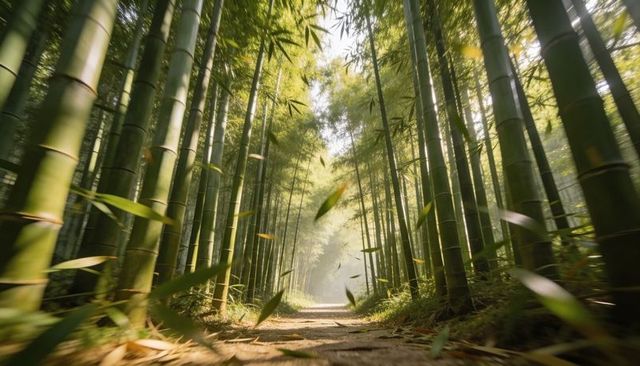 Sunlight streaming through towering bamboo corridor with drifting leaves over dirt path