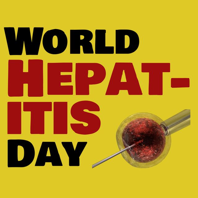 This illustration can be used for posters, social media posts, and awareness campaigns related to World Hepatitis Day. It serves to emphasize the importance of disease prevention and medical interventions. The eye-catching yellow background with bold text and medical elements makes it suitable for educational and promotional materials in healthcare settings.