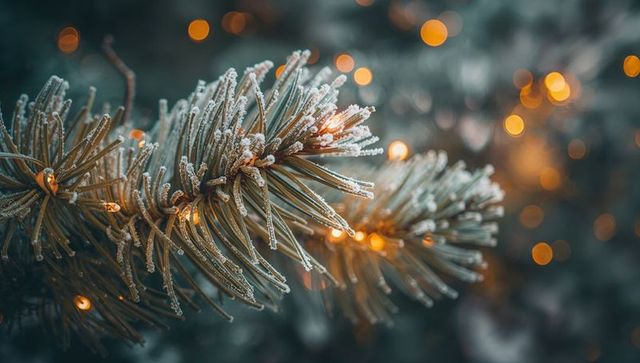 Frosted pine branch glowing with amber lights and hoarfrost bokeh for festive winter mood