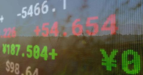 Digital Finance Data Superimposed on Rural Dawn Landscape