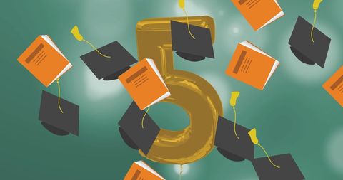 Celebratory Graduation Caps and Books with Gold Balloon Number