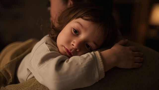 Preschool child resting on parent shoulder at night, cozy bedtime cuddle in living room