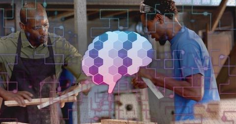 Woodworkers collaborating on shaping wooden planks with AI brain overlay for innovation