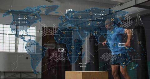 Athlete jumping onto plyo box with holographic world map and performance data overlay
