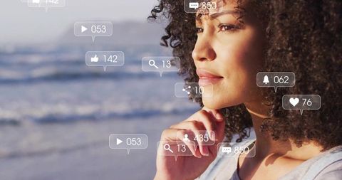 Contemplative Woman at Beach with Social Media Interface Overlay