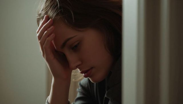 Young woman leaning on doorframe pressing hand to forehead moody contemplative portrait minimal