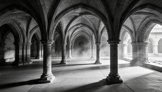 Misty gothic cloister with receding vaulted arches casting dramatic light and shadow