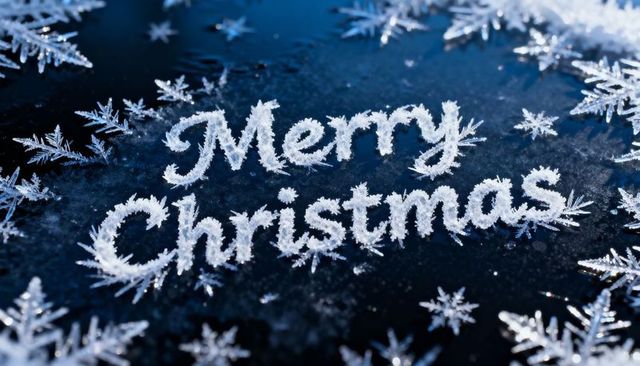 Merry christmas frost typography with sparkling snowflake crystals on frozen blue surface