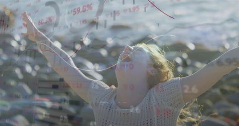 Joyful Woman Embracing Nature with Financial Data Overlay