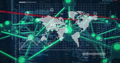 Global Cyber Network Connecting Green Nodes with World Map