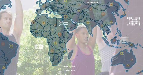 Outdoor group performing overhead stretches with digital world map overlay