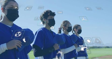 Young Baseball Players Saluting With Modern Technology Icons