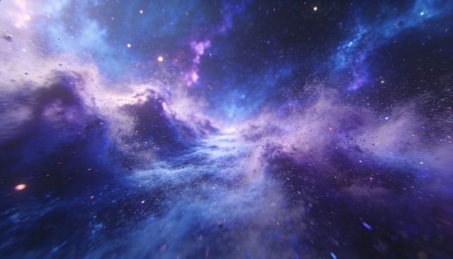Swirling purple nebula tunnel creating galactic vortex with cosmic dust, stars and depth