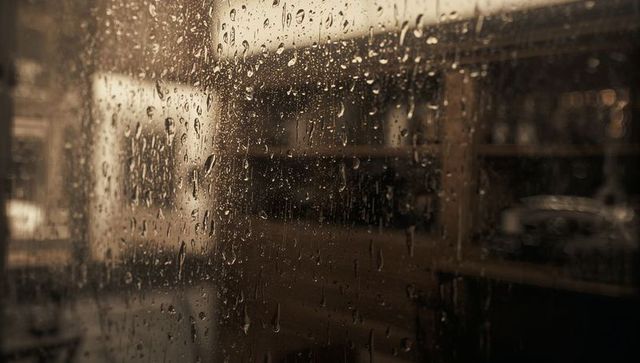 Streaming raindrops on storefront glass with warm bokeh and blurred urban background