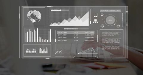 Transparent dashboard overlay displaying analytics charts, graphs, performance metrics