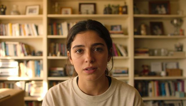 Young woman sitting facing camera in cozy home library wearing crewneck portrait