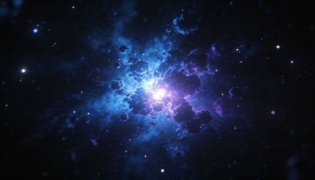 Radiating blue-purple nebula core illuminating dark dust clouds and distant stars