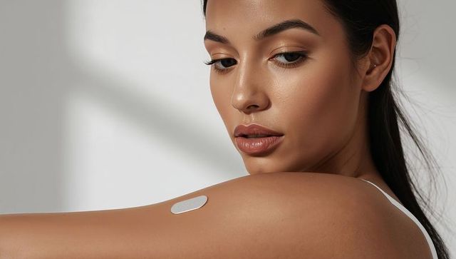Model showing adhesive transdermal patch on shoulder with natural makeup and soft light