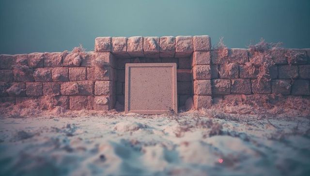 Minimalist square slab in ancient stone ruin