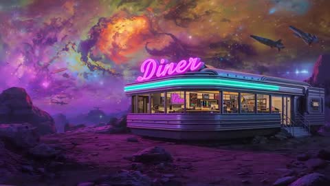 Retro Futuristic Diner on Alien Planet Beneath Nebula Sky