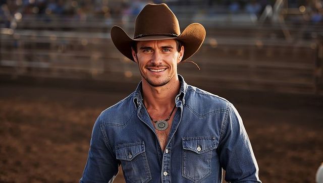 Confident cowboy smiling in rustic rodeo arena