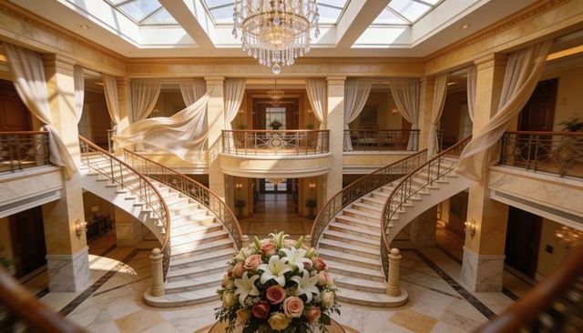 Grand luxury lobby with twin marble staircases and central floral arrangement under skylight