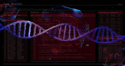 Glowing dna helix in futuristic digital interface