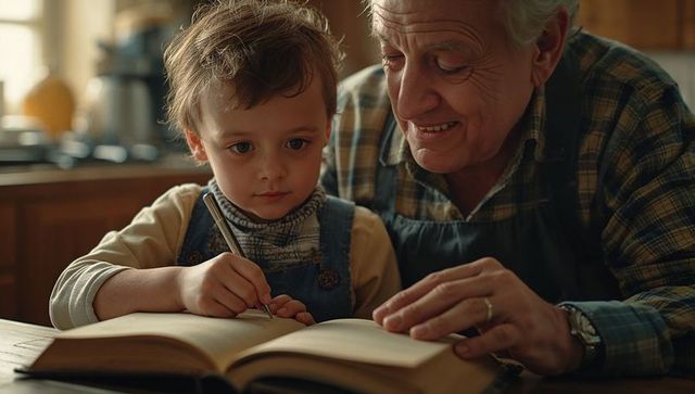 Grandfather Teaching Grandson Writing Skills at Home