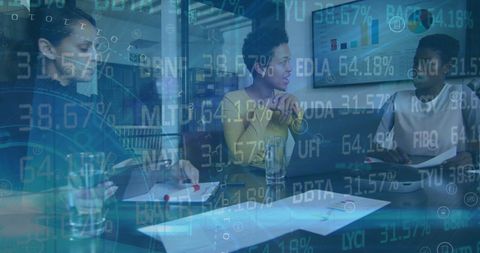 Diverse Female Colleagues Discussing Global Stock Market Analytics