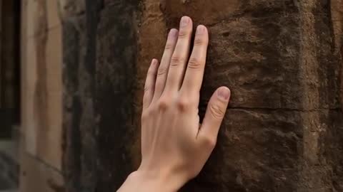 Right hand exploring weathered stone column texture on building exterior tactile closeup