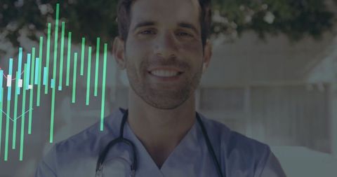 Smiling Healthcare Provider Outdoors with Data Graphics
