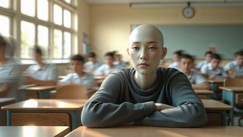 Focused student in busy classroom environment - shy concept