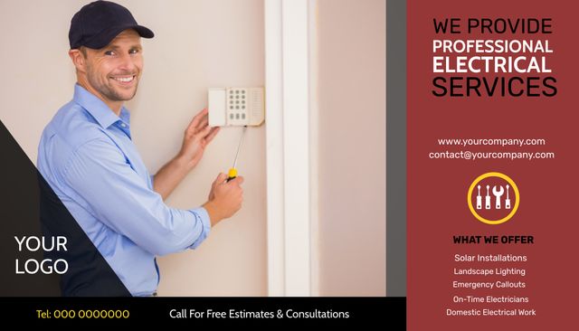 Professional Electrical Services Promotional Banner with Smiling Technician - Download Free Stock Templates Pikwizard.com