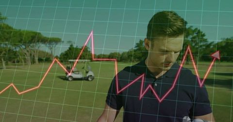 Golfer checking smartphone on fairway with digital analytics overlay and rising chart