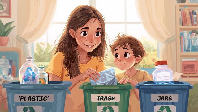 Big sister teaching little brother recycling at home sorting plastic, jars, trash bins