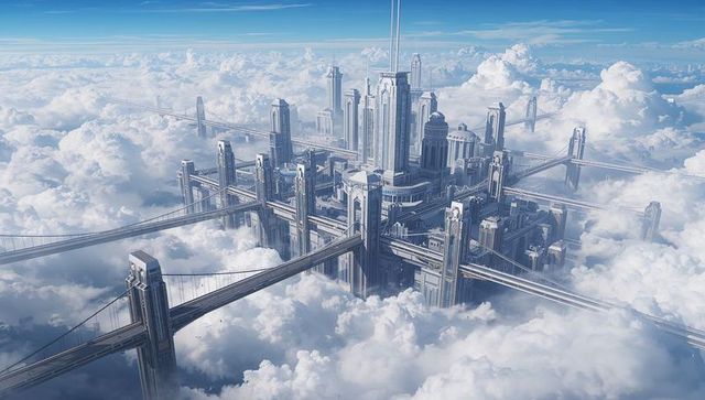 Floating futuristic metropolis rising above clouds with towering spires and skybridges