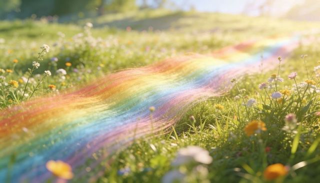 Shimmering rainbow light ribbon weaving through sunlit meadow of wildflowers and grass