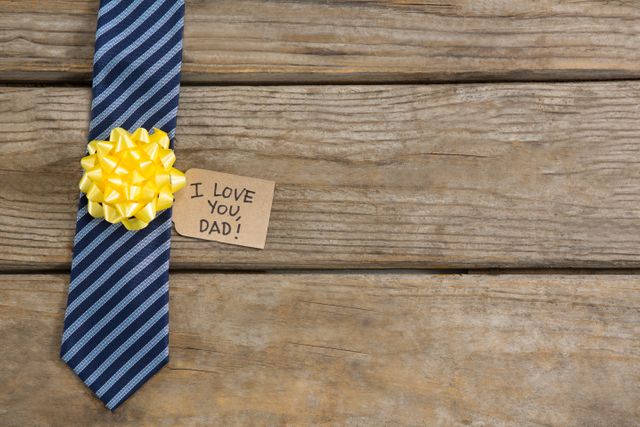 Overhead view of necktie with greetings on wooden table